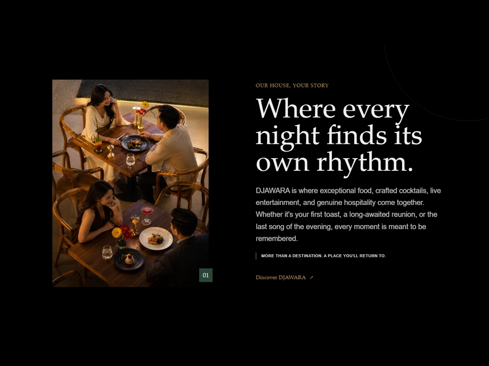 Dining section of djawara.id: “Dishes to linger over” beside a photo of plated pasta dishes, with an “Explore our menu” button.